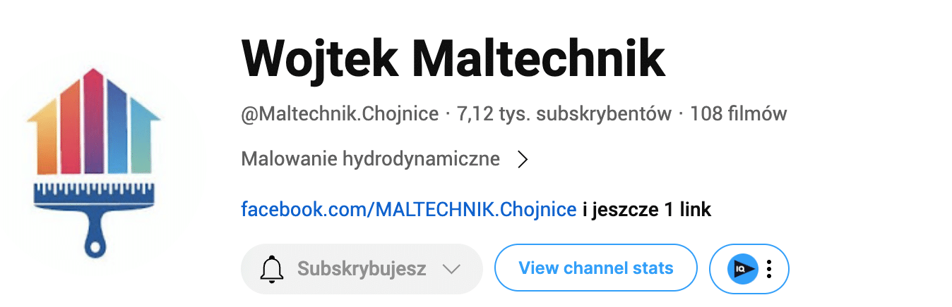 Baner kanału YouTube Wojtka Maltechnika zawierający logo pędzla, linki do mediów społecznościowych i wskaźniki kanału, takie jak liczba subskrybentów.