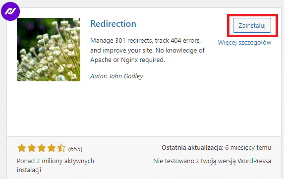 Zrzut ekranu strony wtyczki Przekierowanie w witrynie WordPress. Pokazuje szczegóły wtyczki, ocenę 5 gwiazdek na podstawie 655 recenzji oraz informacje o instalacji i aktualizacji. Jest niebieski przycisk „Zainstaluj”.