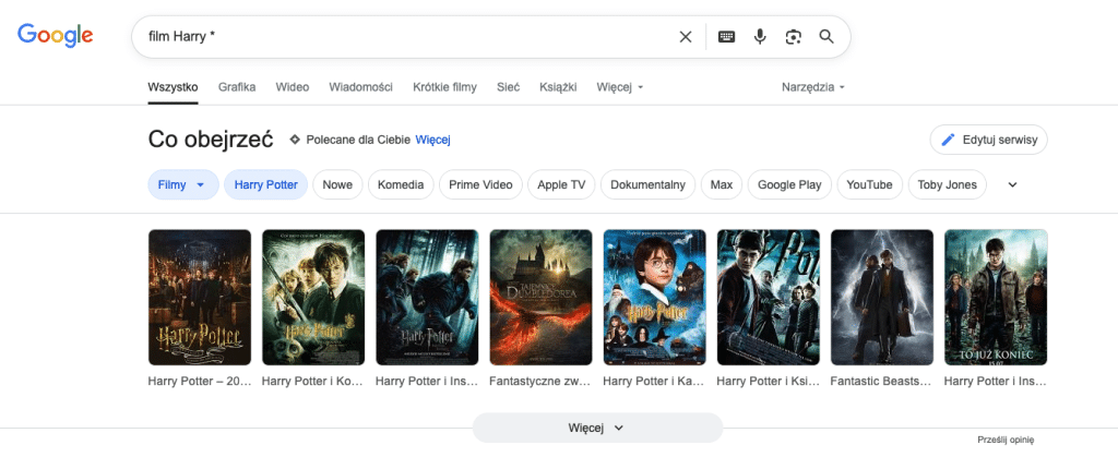 Strona wyników wyszukiwania Google dla hasła "film Harry *" pokazująca plakaty filmowe filmów o Harrym Potterze i powiązanych filmów fantasy w sekcji "Co obejrzeć".