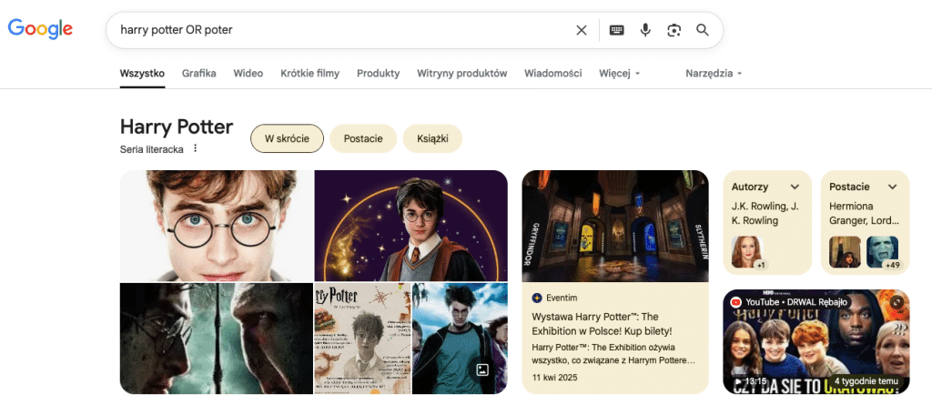 Strona wyników wyszukiwania Google dla hasła "harry potter OR potter" przedstawiająca zdjęcia Harry'ego Pottera, okładki książek i autorkę J.K. Rowling.