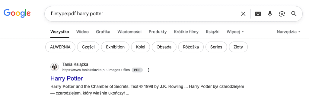 Strona wyników wyszukiwania Google dla "filetype:pdf harry potter", pokazująca link PDF do "Harry Potter i Komnata Tajemnic" z polskiej strony internetowej.