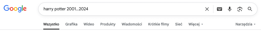 Pasek wyszukiwania Google z zapytaniem "harry potter 2001..2024" i różnymi opcjami kategorii wyszukiwania w języku polskim wyświetlany poniżej.