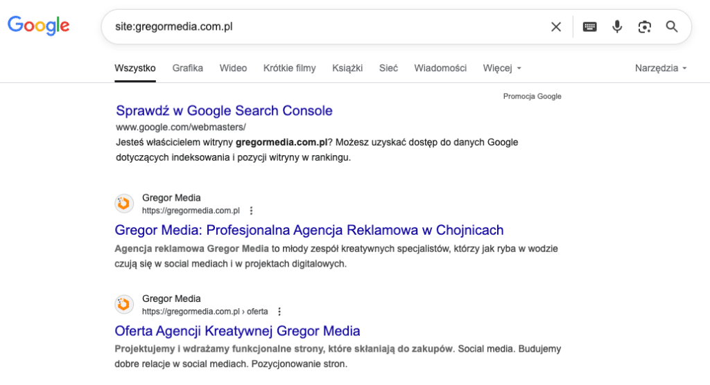 Strona wyników wyszukiwania Google wyświetlająca zaindeksowane strony dla witryny "gregormedia.com.pl", pokazująca linki do strony głównej i oferty usług Gregor Media.