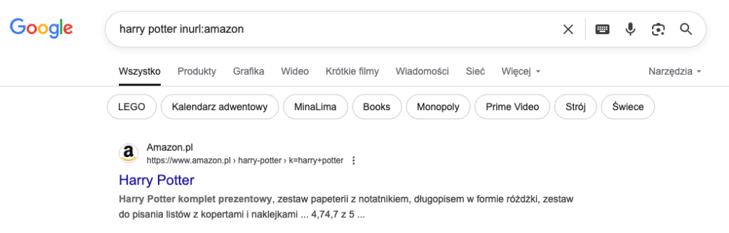 Strona wyników wyszukiwania Google dla "harry potter inurl:amazon" pokazująca link Amazon.pl do zestawów upominkowych Harry Potter.