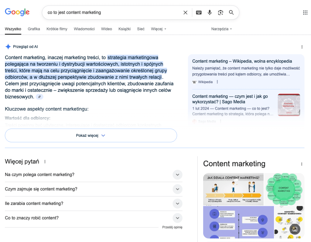 Zrzut ekranu wyszukiwania Google w języku polskim dla "co to jest content marketing" pokazujący definicje, powiązane pytania i obrazy dotyczące koncepcji i strategii content marketingu.