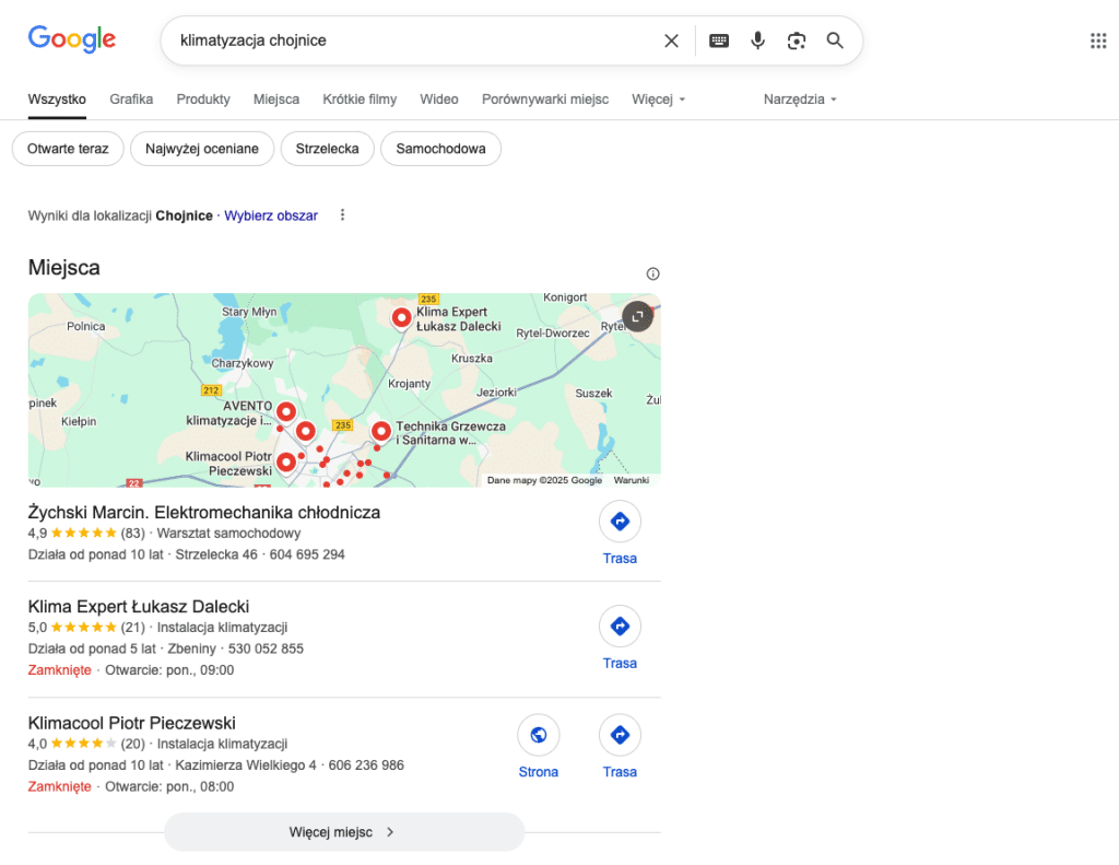 Strona wyników wyszukiwania Google dla "Klimatyzacja chojnice" pokazująca mapę z kilkoma zaznaczonymi lokalizacjami i listą trzech dostawców usług klimatyzacyjnych w Chojnicach, Polska.