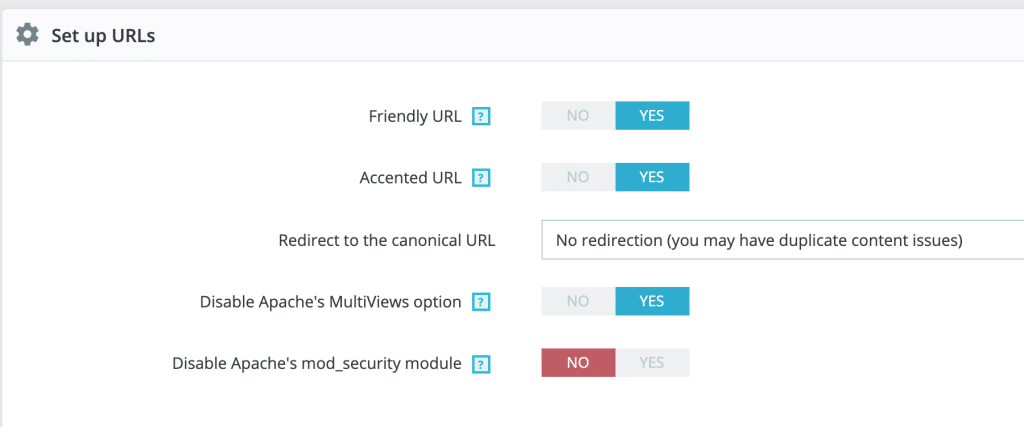 Panel ustawień witryny z przełącznikami dla przyjaznego adresu URL, akcentowanego adresu URL, przekierowania kanonicznego adresu URL, Apache MultiViews i modułu mod_security.