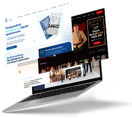 Laptop z dwoma nakładającymi się ekranami stron internetowych wyświetlanymi nad klawiaturą, prezentującymi różne projekty stron internetowych.