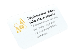 Biała karta z polskim tekstem o działalności sportowej klubu piłkarskiego Chojniczanka, z żółtą ikoną pachołków i piłką nożną po lewej stronie.