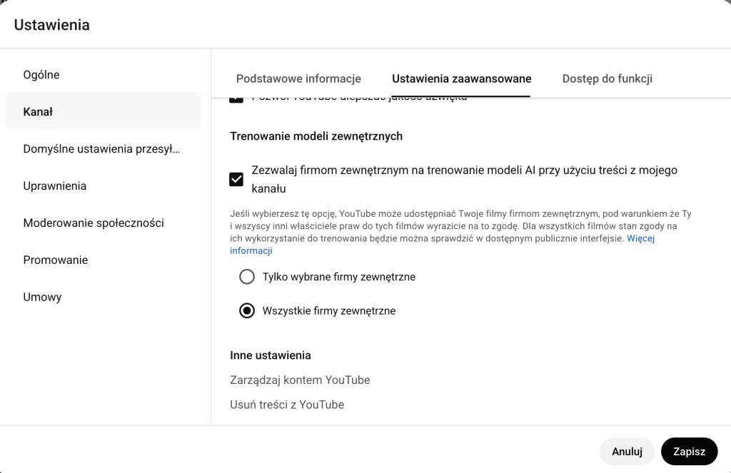 Strona ustawień kanału YouTube w języku polskim, pokazująca opcje zezwalania firmom zewnętrznym na trenowanie modeli sztucznej inteligencji przy użyciu treści kanału, z zaznaczoną opcją "Wszystkie firmy zewnętrzne".